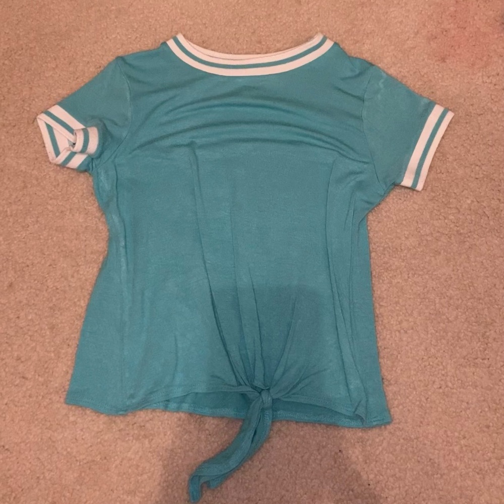 Teal shirt with tie in front